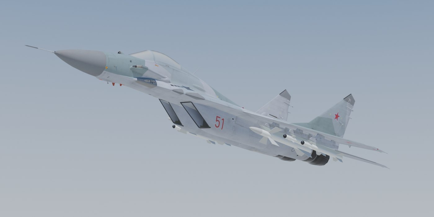 Grey MiG-29 armed, front three-quarter view