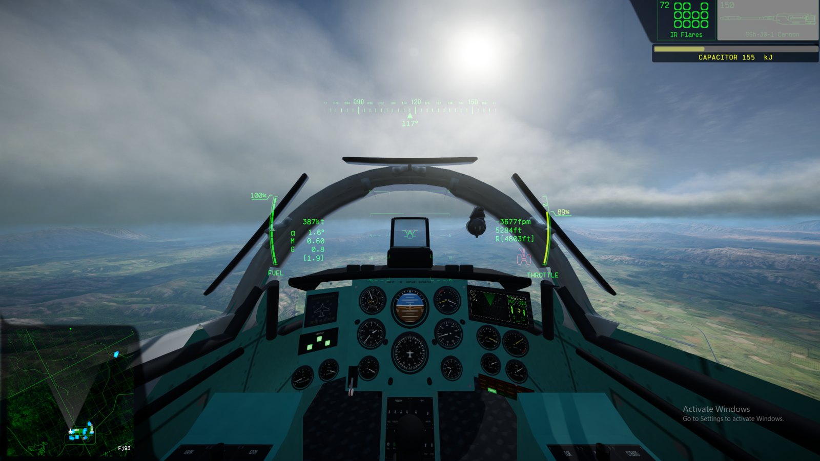 In flight: the MiG-29 cockpit with working instruments over the mountains