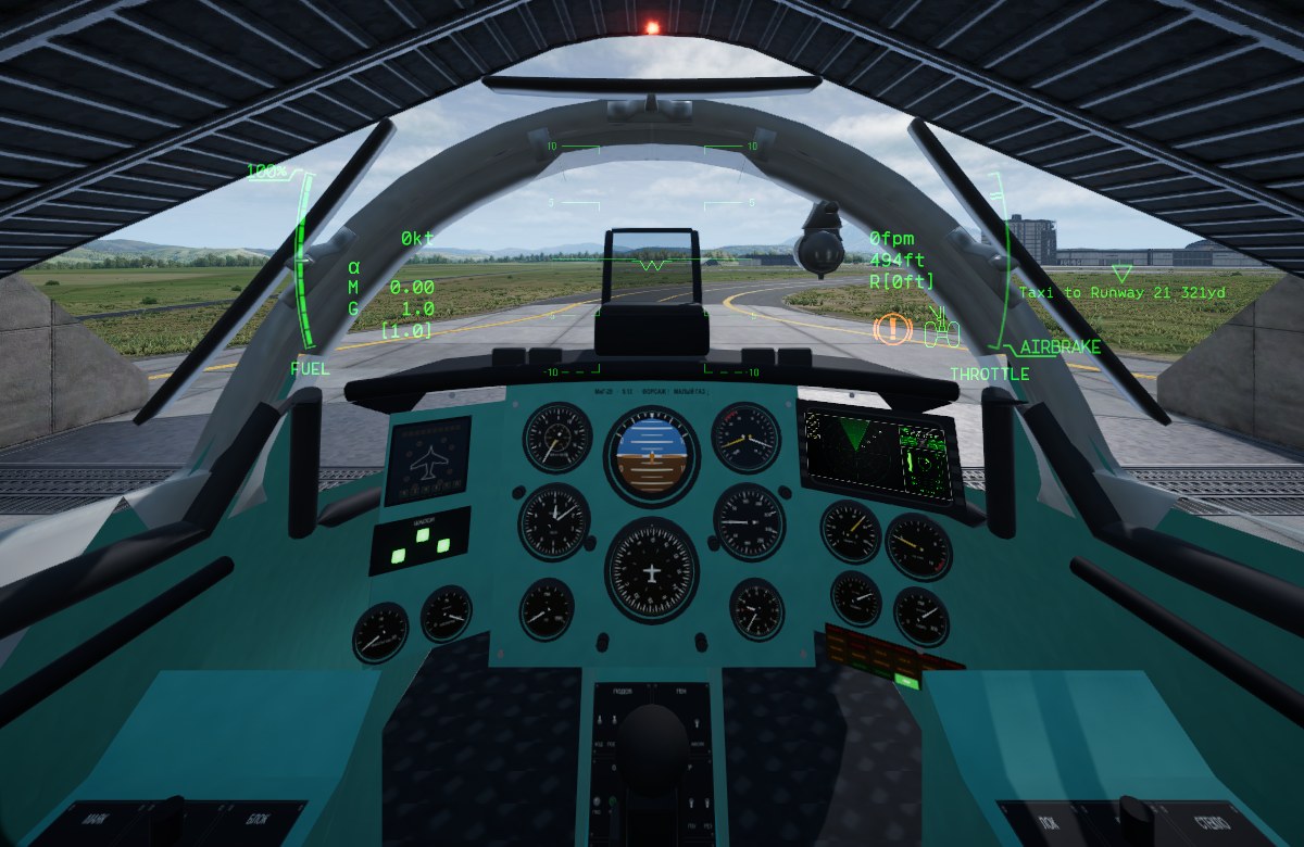 In game: the MiG-29 cockpit with working instruments, gear lights and the radar screen