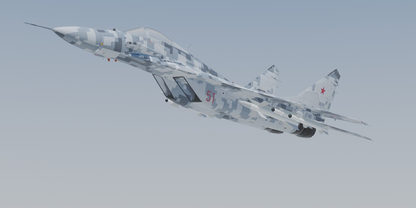 Digital-grey MiG-29 armed, three-quarter view