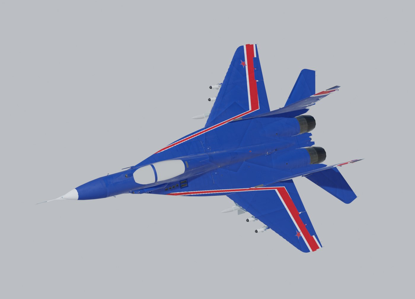 Display-blue MiG-29 banking, red and white leading-edge chevron