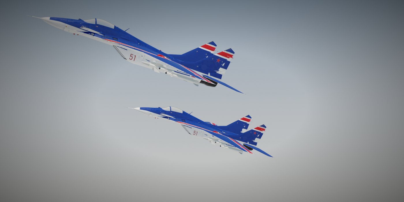 Two display-blue MiG-29s in echelon formation