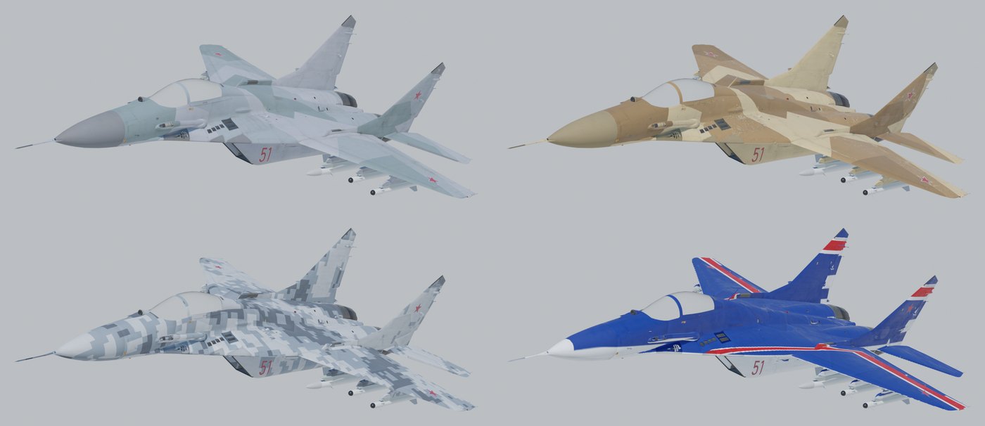 The four liveries: Two-Tone Grey, Desert Tan, Digital Grey and Display Blue